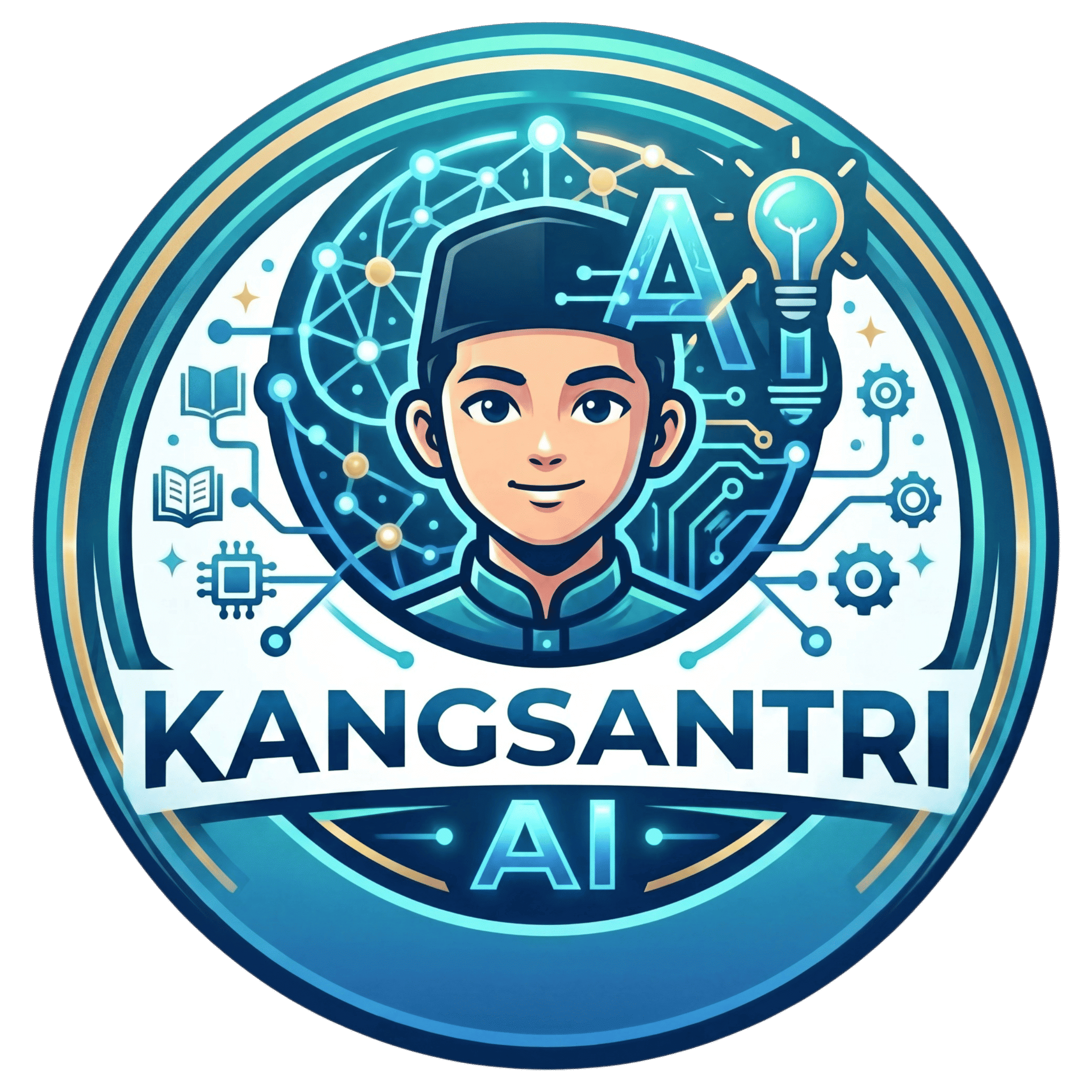 Seorang penulis yang sedang berpikir dikelilingi oleh elemen fantasi dan fiksi ilmiah